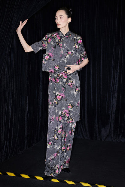 M essential Mackay designer cherry blossom print beads down short vest - LAND.