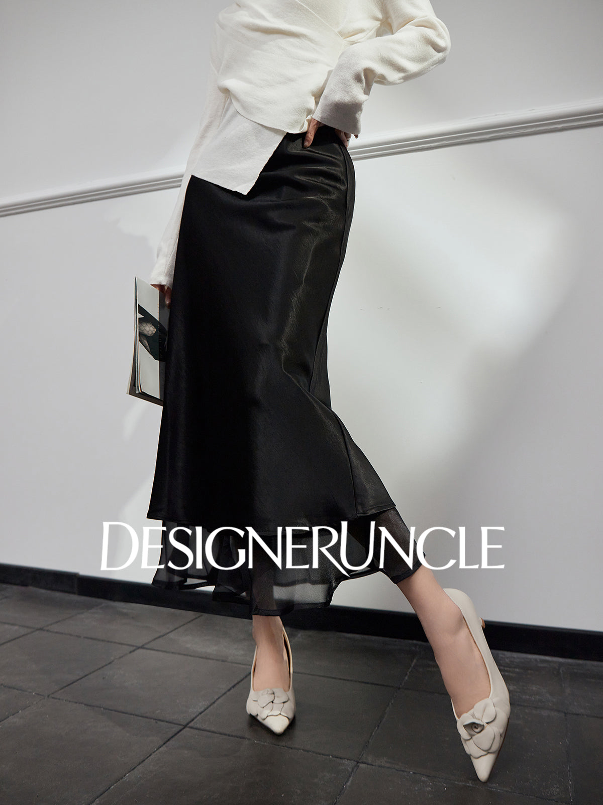 DGU "Yelan" high-waisted black mid-length skirt - HUNTIX.