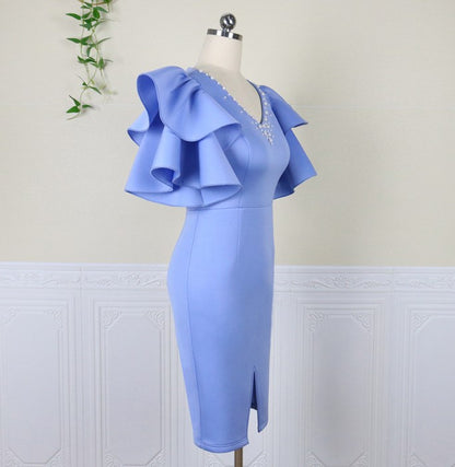 DOLLY Elegant V-Neck Short Ruffle Sleeves Slim Fit Midi Slit Office Dress- ilLA