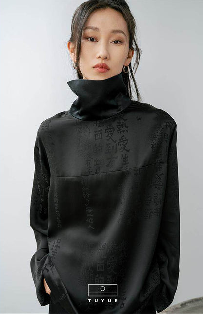 TUYUE Black Acetate Satin Calligraphy Dark Pattern High Neck Long Sleeve Shirt- JOSH.