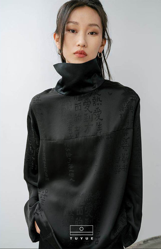 TUYUE Black Acetate Satin Calligraphy Dark Pattern High Neck Long Sleeve Shirt- JOSH.