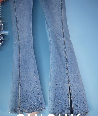 CHICHY French Ladies Blue High-Waisted Hot Diamond Slit Micro Flared Pants-MIJI