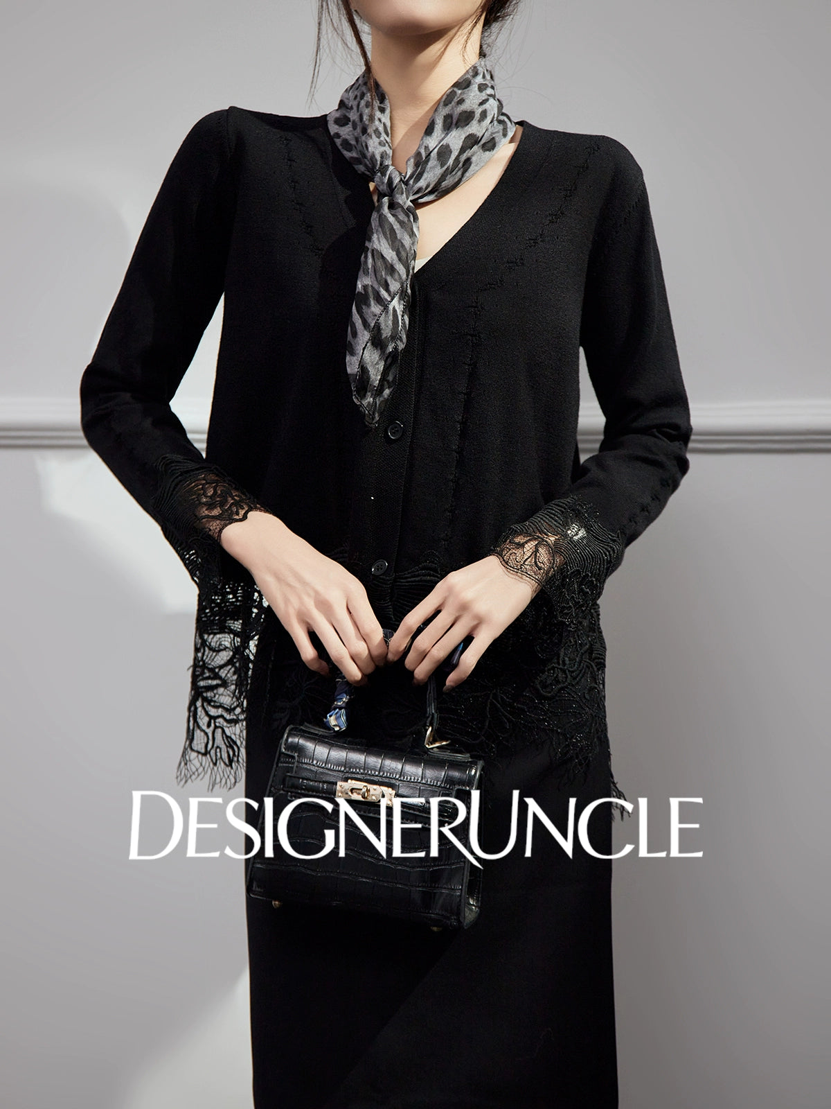 DGU Black Suit V-Neck Lace Patchwork Dress Knitted Top Two-Piece Set - FIRE.
