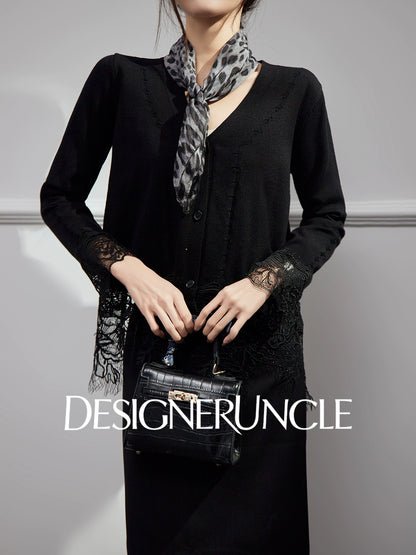 DGU Black Suit V-Neck Lace Patchwork Dress Knitted Top Two-Piece Set - FIRE.