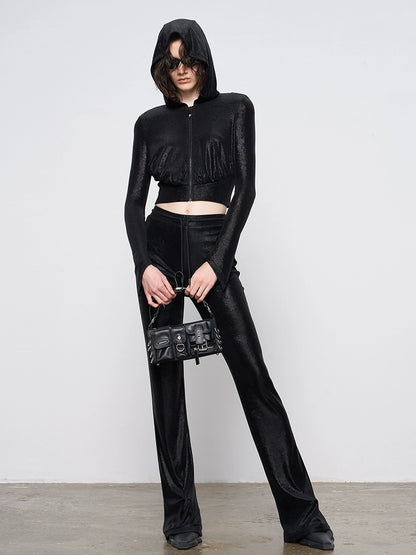 ANNAKIKI Glossy Black Hot Diamond Horseshoe Pants Women's Bootcut Pants-FUMI