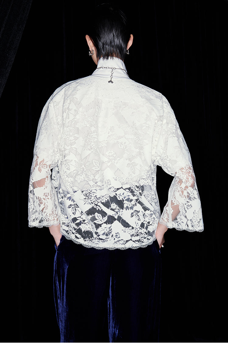 M essential Mackay designer White Lace atelier layered lace inlay top blue velvet pant- olay.