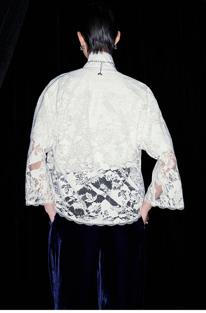 M essential Mackay designer White Lace atelier layered lace inlay top blue velvet pant- olay.
