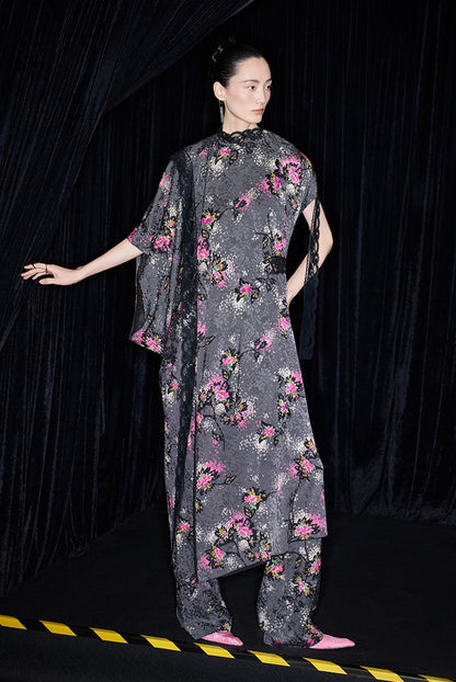 M essential Mackay designer cherry blossom print beaded asymmetrical dress - WORDS.