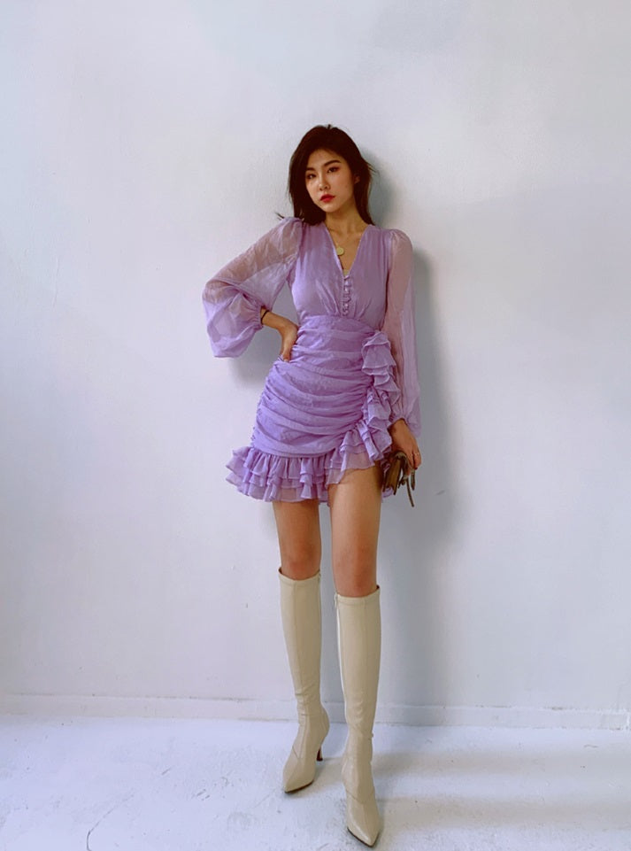 D0LLY Luxury French Style V-Neck Long Puff Sleeve Chiffon Pleated Ruffle Dress-VERA