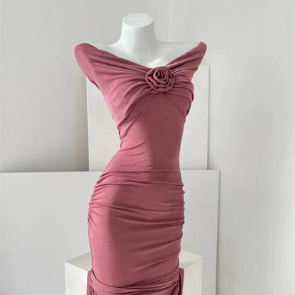 DOLLY Luxury French Style Off Shoulder Short Sleeve Hip Wrap Dinner Dress-ANTHEA