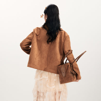 FAME Brown Three-Dimensional Flower Beaded Suede Jacket Top - KENNY.