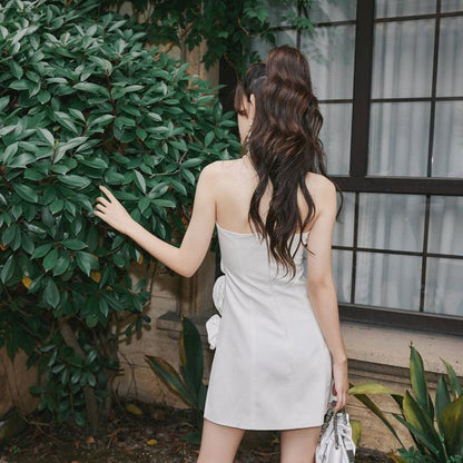 DOLLY Elegant White Flower Bud Chest Wrap High Waist Shor t Banquet Dress-LOLO