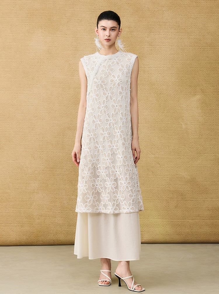 HECO Chinese style two pieces embroidered mesh spliced long dress - MAGIC.