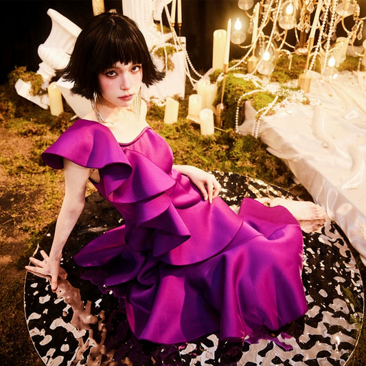 DOLLY Elegant Retro Style Deep Purple Ruffled Off Shoulder Midi Dress-PINKY