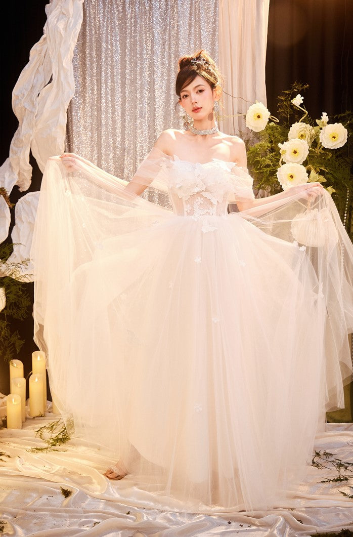 DOLLY Elegant White Off Shoulder Short Sleeve Flower Wedding Dress-SOPHIE  (V)