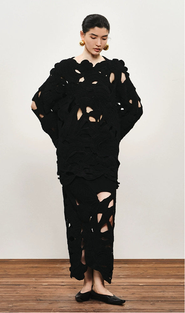 ZHUCHONGYUN winter floral wool knitted midi black skirt-ARLETE.