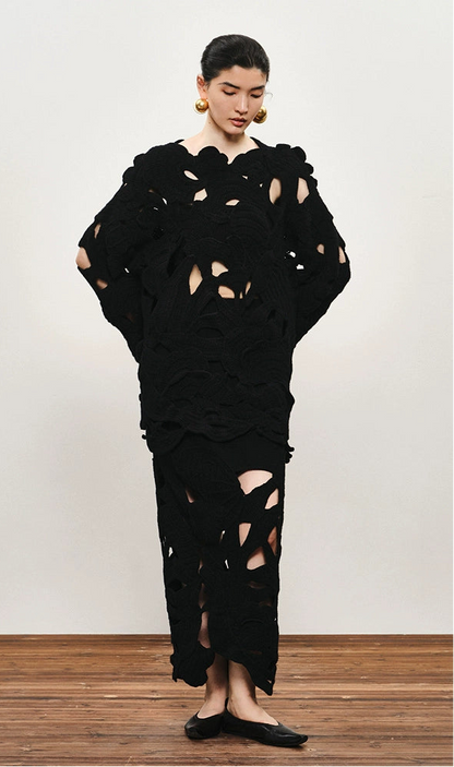 ZHUCHONGYUN winter floral wool knitted midi black skirt-ARLETE.