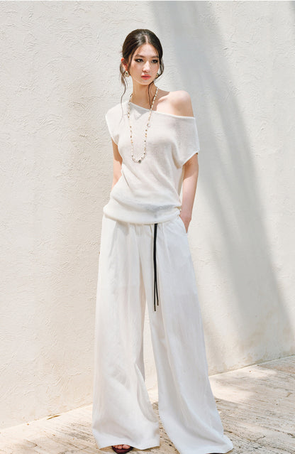WANGXO |Linen Delicate Knit Slant Shoulder Top & Tailored Straight Pants with Airy Elegance Suit Set -RAYA