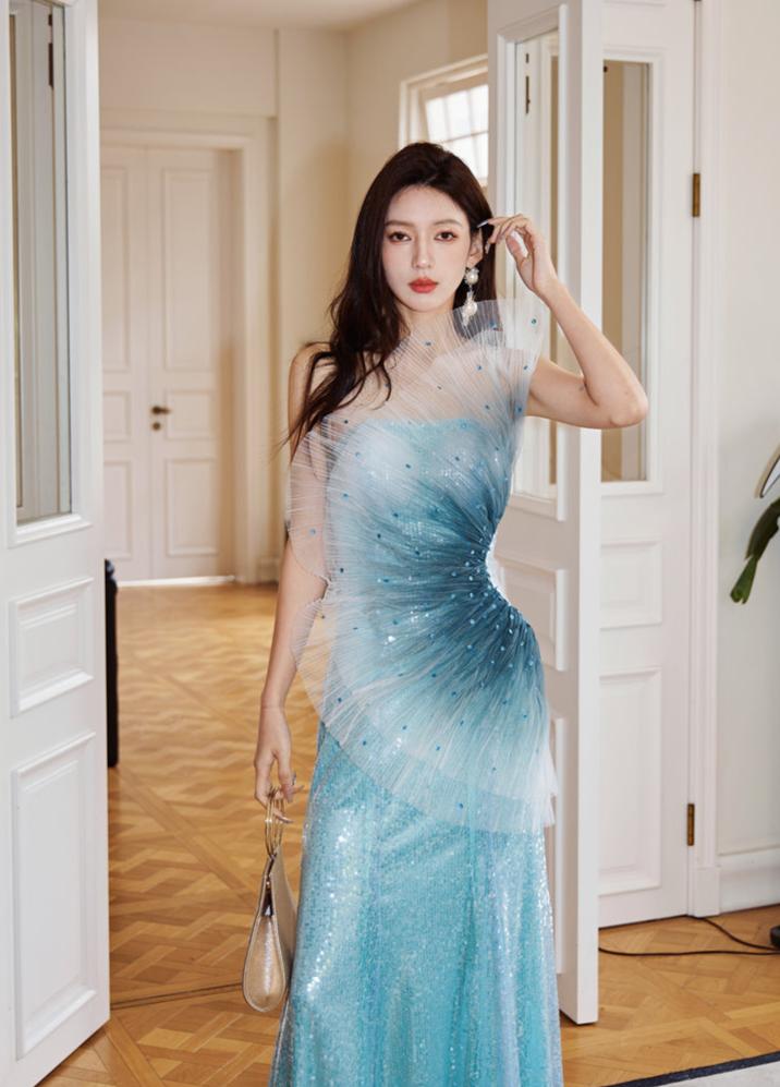 DOLLY Luxury Blue Sleeveless Mesh Bandeau High Waist Long Fish Tail Cocktail Dress-SENORA