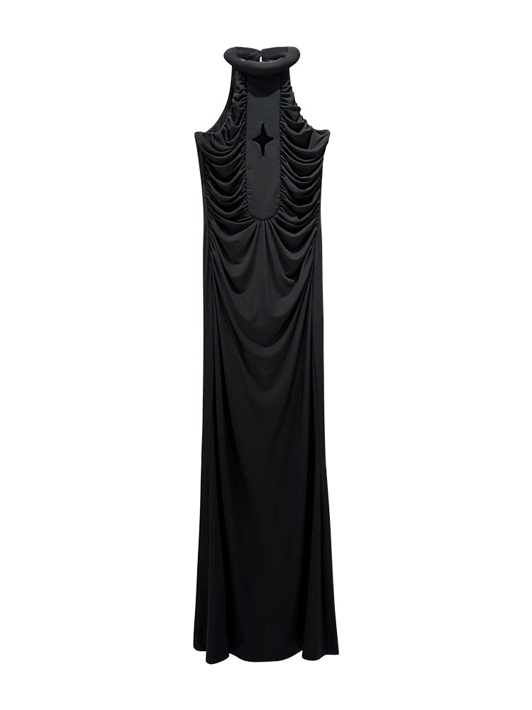 ANNAKIKI black four-pointed star hollow pleated halterneck dress-GICHII