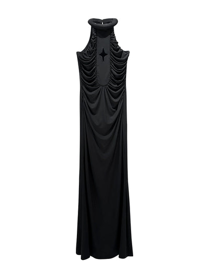 ANNAKIKI black four-pointed star hollow pleated halterneck dress-GICHII