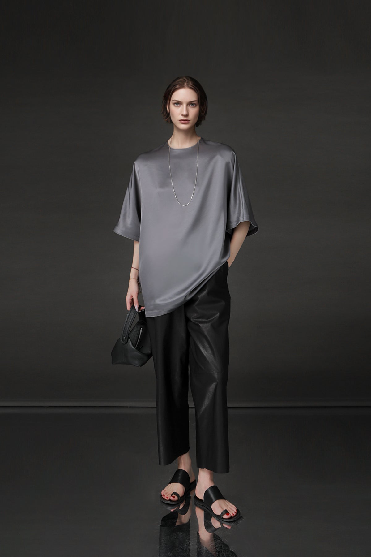 PIAOIN light luxury acetate satin glossy mid sleeve body shirt - CHARLOTTE