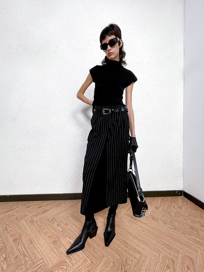 ANNAKIKI Black and White Striped Vintage Belt Trim Striped Skirt-RAVY