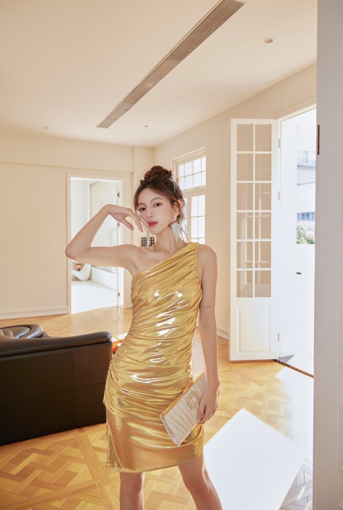 DOLLY Gold Slant Collar Off Shoulder Pleated Body Hug Midi Dinner Dress-AURELIA