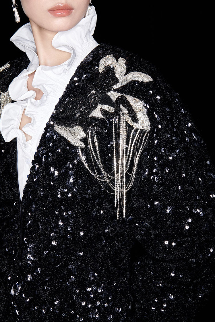 M essential Mackay designer three-dimensional silver orchid catenary beaded jacket - tems.