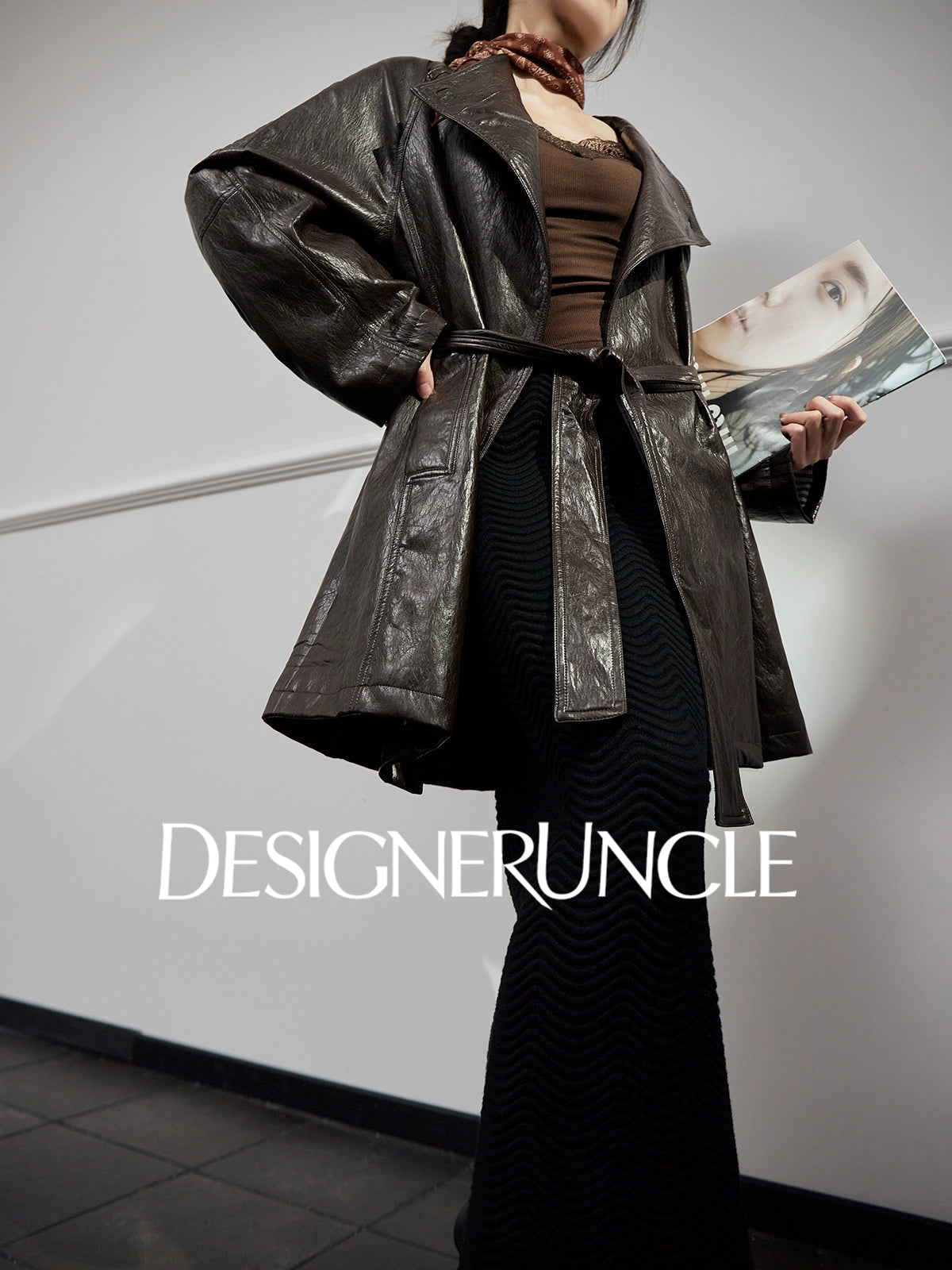 DGU "Obscure Shadow" Flower Coffee Haining Genuine Leather Retro Slimming Top - HEADS.