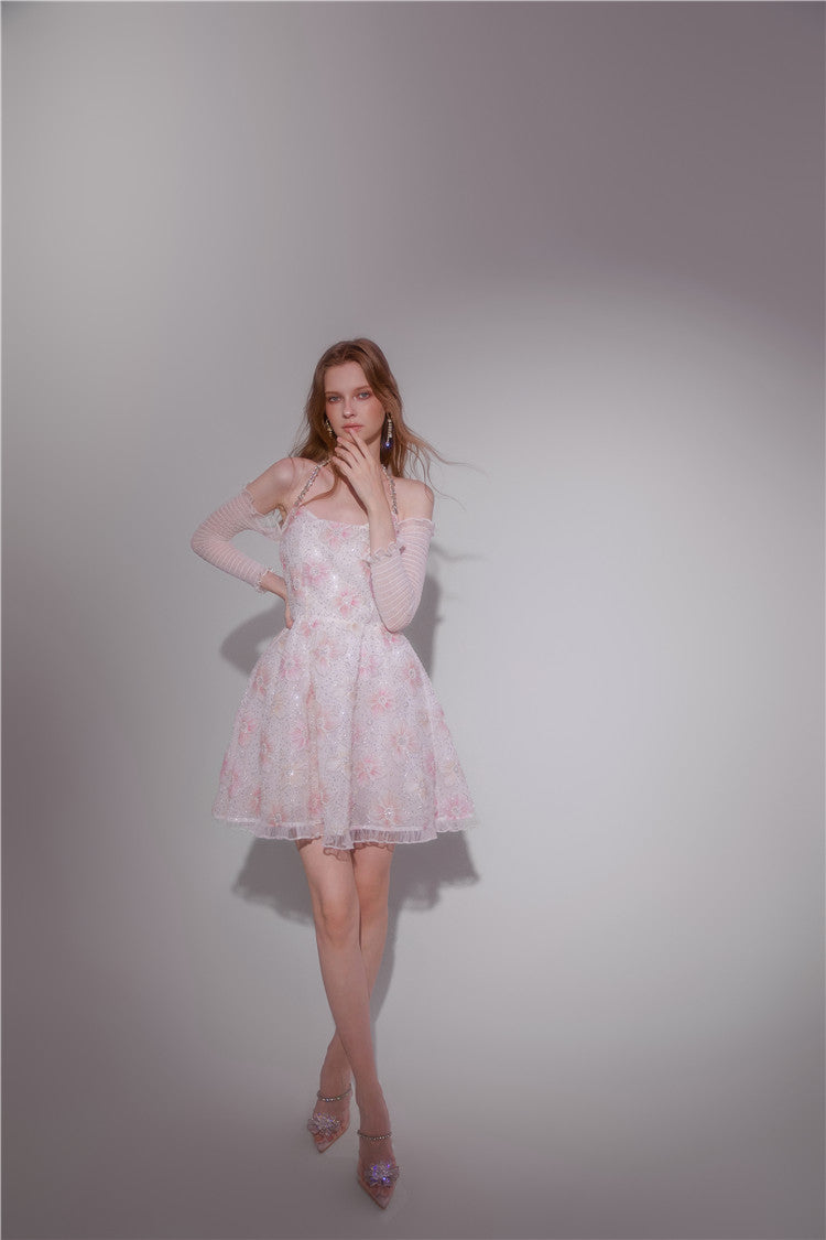 Wardrobes by Chen Elegant Pink Halter Long Sleeve Flower Dinner bridal Dress-Gika