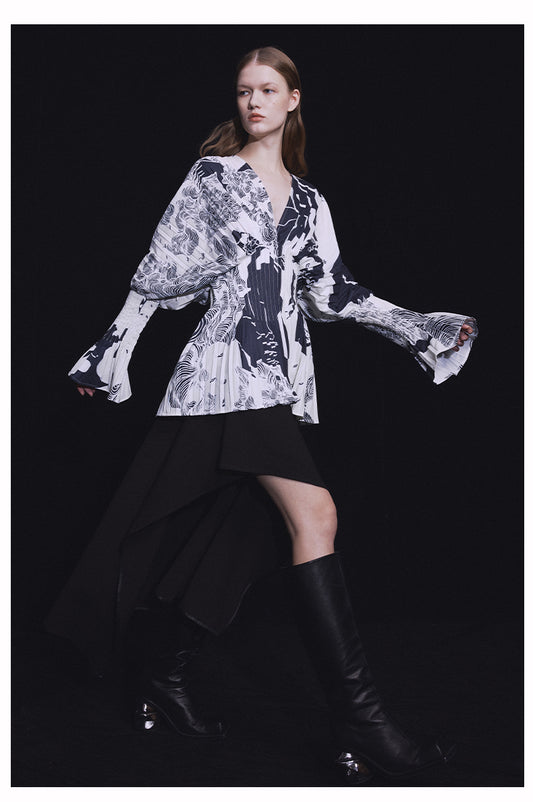 MAYALI V-NECK PANELED TUNIC WHITE TOP DESIGNER CINCHED WAIST CHIC PLEATED SHIRT JACKET SIMPLE WOMEN'S SUMMER