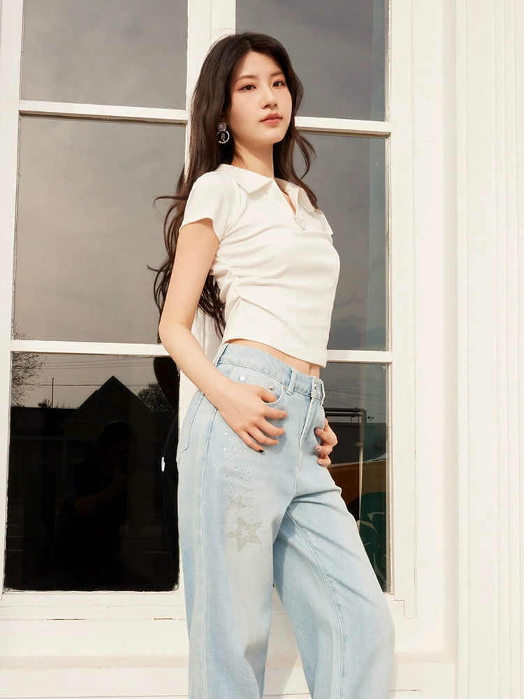 YES BY YESIR | Ye Qian  Y-Triangle Tag Polo Neck T-Shirt Delicate Pleats-LOREINE.
