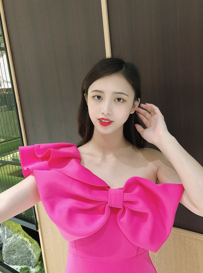 DOLLY Elegant French Style Pink Off Shoulder Big Bow Short Dinner Dress-JOMA