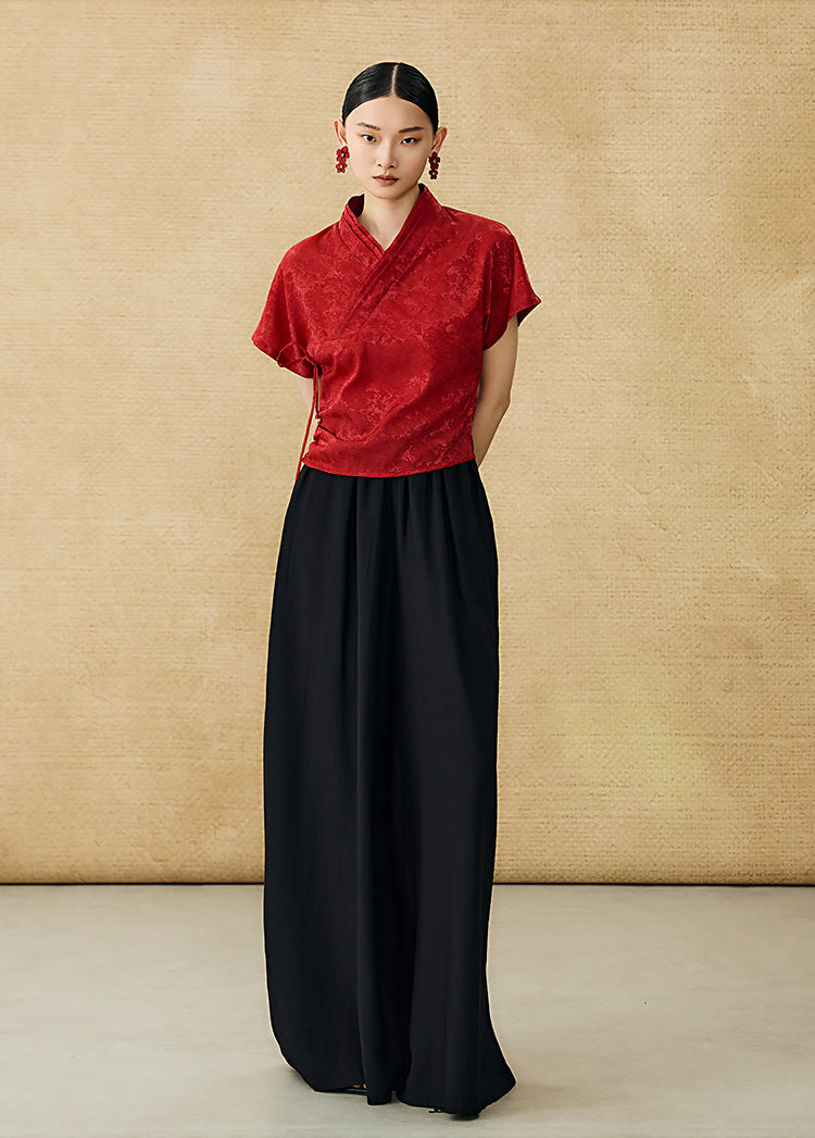 HECO Chinese style summer new slanted V-neck pinch pleated shirt - ASSURE .