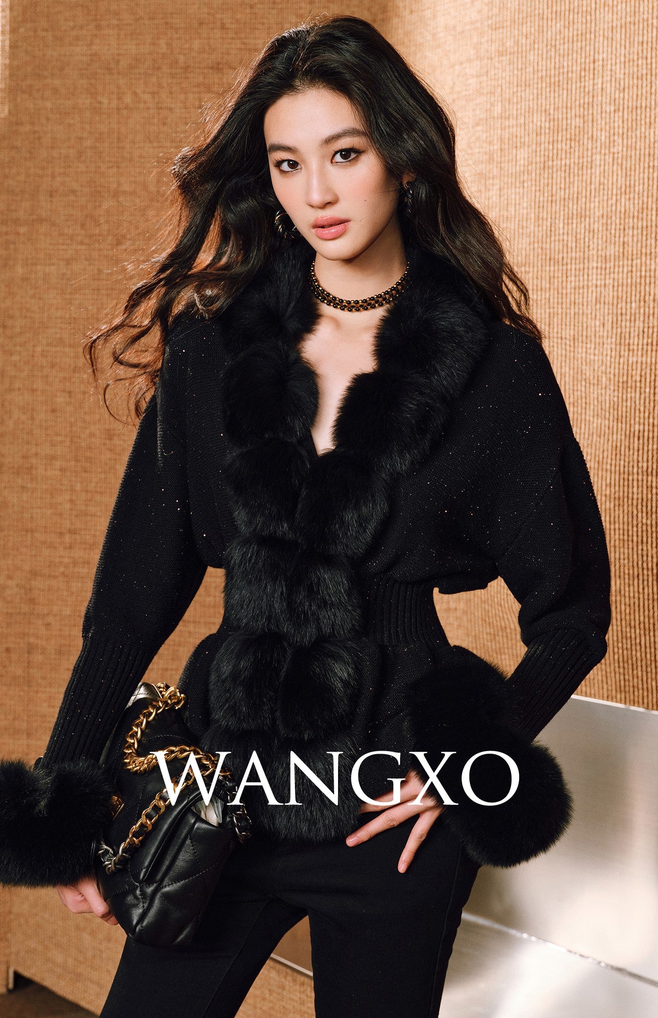 WANGXO | Luxury Wool Detachable Fox Fur Collar Waist Umbrella Hem Knitted Coat- VERA.