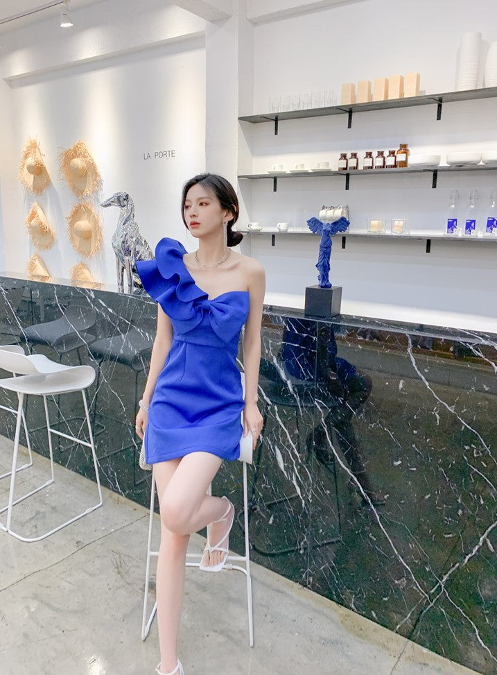 DOLLY Luxury Slant Collar Sleeveless Big Bow Ruffle Short Birthday Dress-MAYE