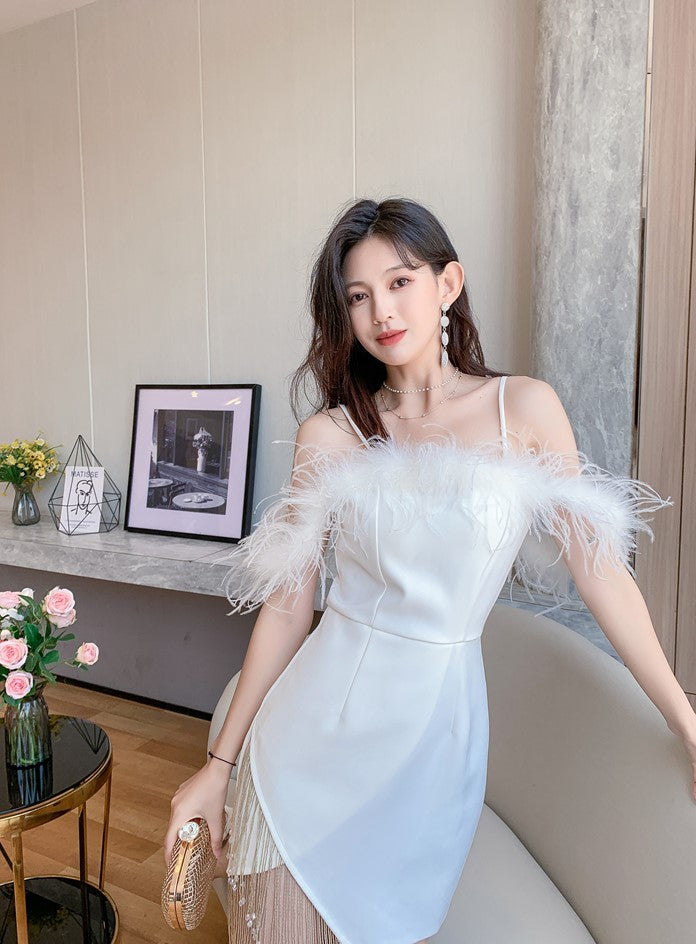 DOLLY Elegant Sling Off Shoulder Feather Slim Fit Short Tassel Birthday Dress-JAJA