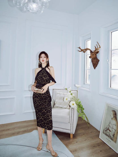 DOLLY Luxury Black Lace Sleeveless Halter Neck Slim Fit Midi Formal Dinner Dress-ANGELA