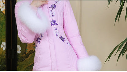 MagicQ pink purple rose embroidered fox fur embellished shawl fishtail goose down jacket