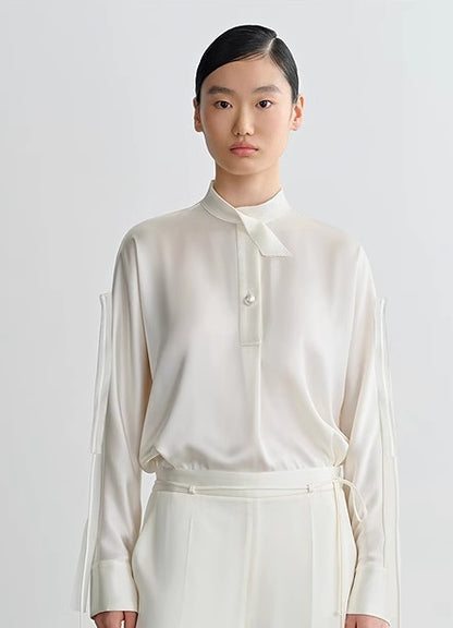 COMME MOI Lv Yan Designer Summer Women's Half Placket Gauze Strip satin  Top - REMI.