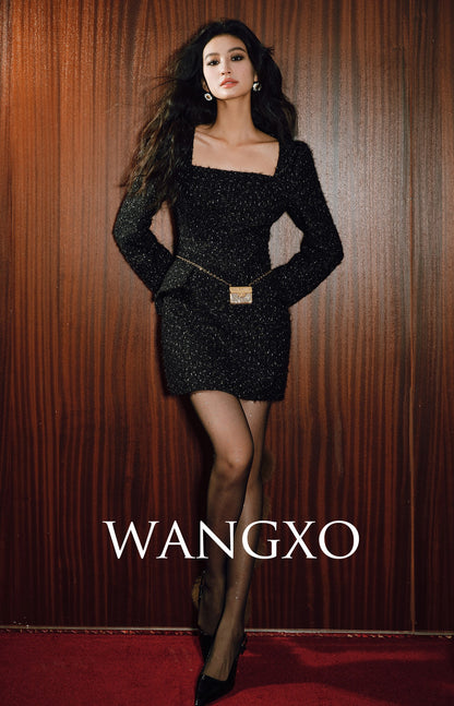 WANGXO | Luxury Tweed Shiny Texture Square Neck Waist Dress-MILA.