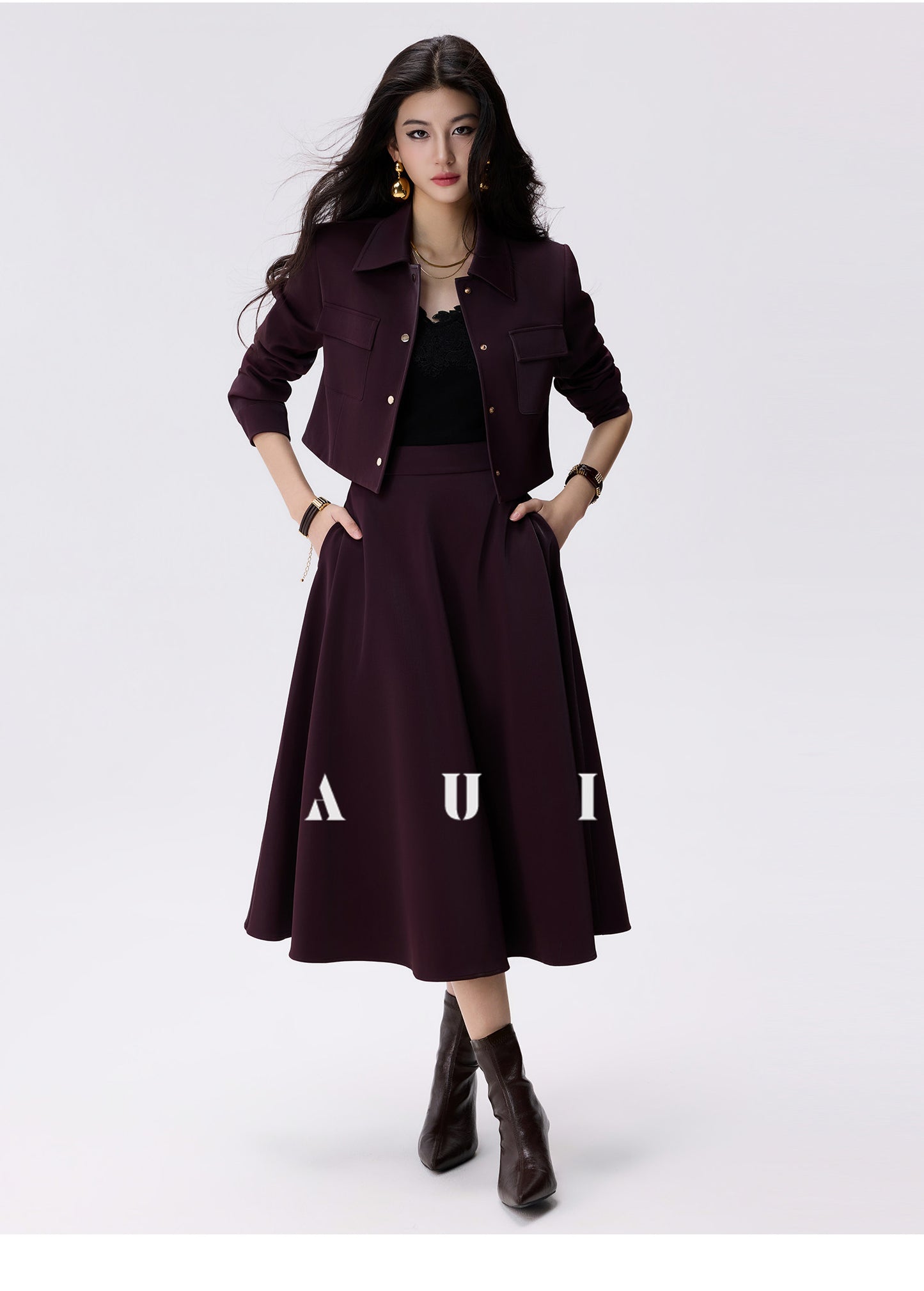 AUI Andorra red faux leather jacket A-line skirt two-piece set - JUN.