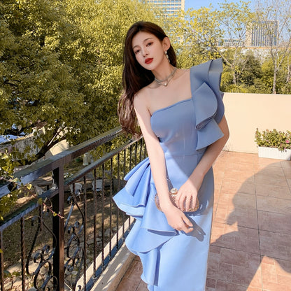 DOLLY Elegant Off Shoulder Ruffle Slim Fit Midi Wedding Guest Dress-JADE