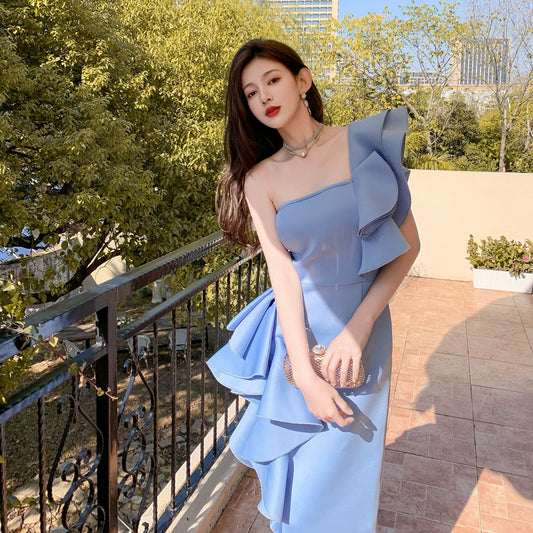 DOLLY Elegant Off Shoulder Ruffle Slim Fit Midi Wedding Guest Dress-JADE