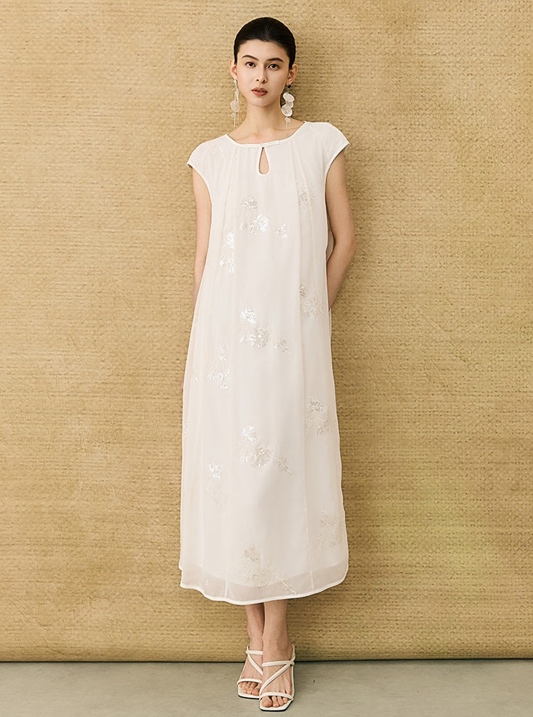 HECO Chinese Style Water Drop Neck Shoulder Embroidered Dress - SWEAT.