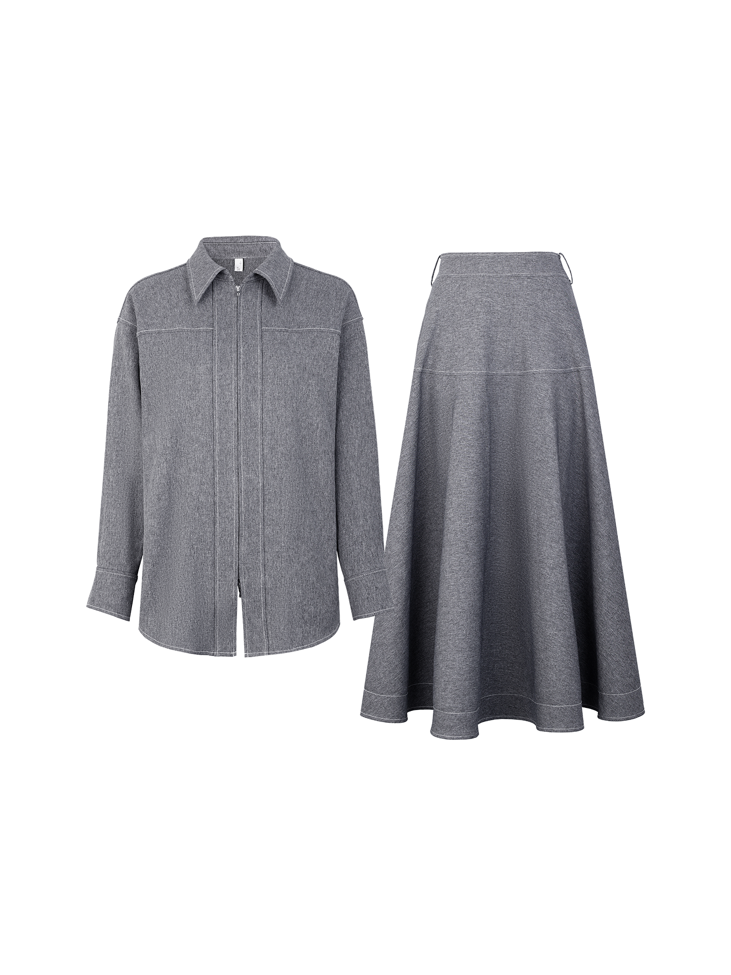 AUI Grey Double Ended Zipper Lapel Jacket Premium A-Line Two-Piece Suit Skirt - Yeong-Ja