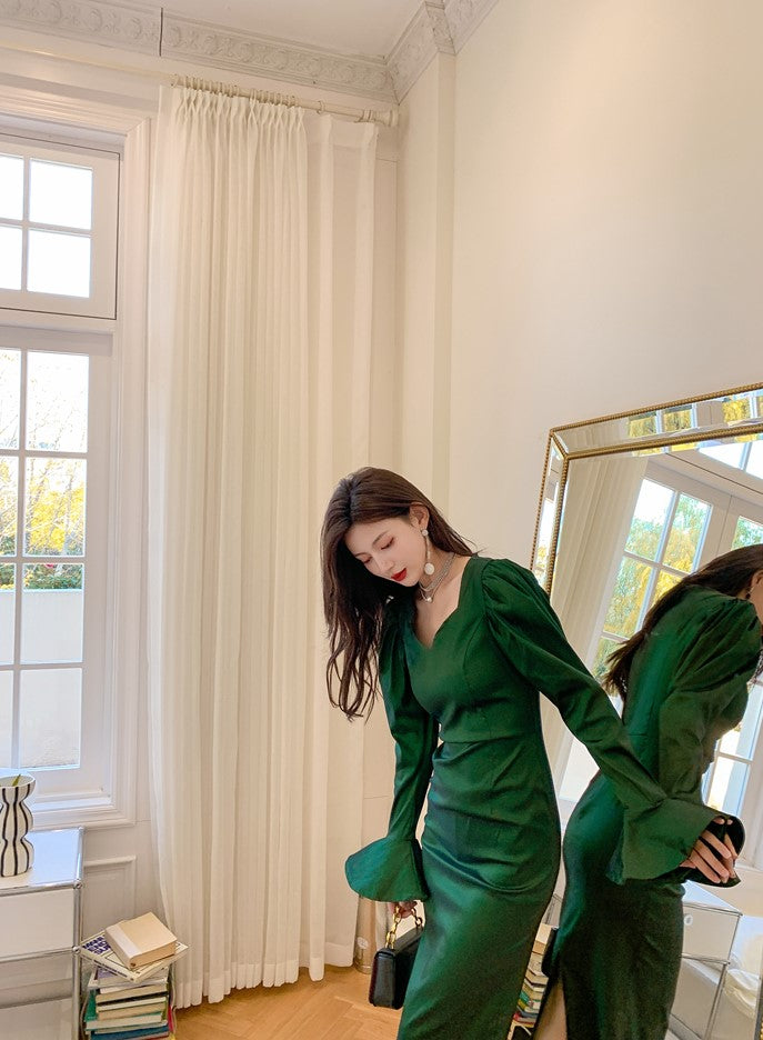 DOLLY High End Green Square Collar Long Sleeve Slim Fit Long Dress-MALU
