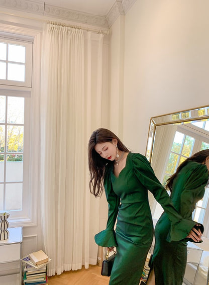 DOLLY High End Green Square Collar Long Sleeve Slim Fit Long Dress-MALU