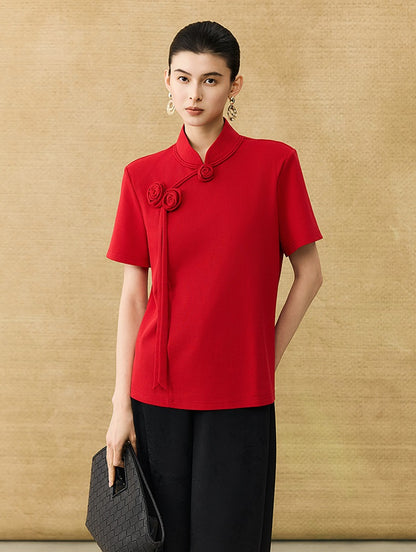 HECO Chinese Handmade Rose Tassel Short Sleeve T-Shirt  - GRADE.